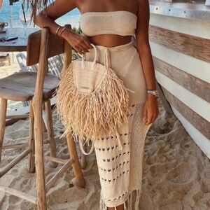 Mermaids Beige Crochet Knit 2-Piece Skirt & Bandeau Top Set - One Size